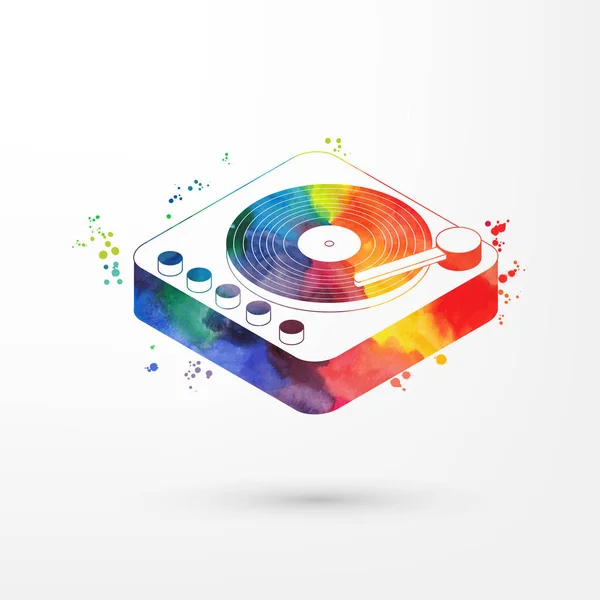 Ilustración vectorial de vinilo isométrico acuarela jugador con un disco de vinilo, pinturas de arco iris. Viejo jugador de moda vintage — Vector de stock