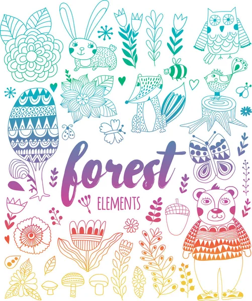 Elementos da floresta vetorial em estilo doodle infantil — Vetor de Stock
