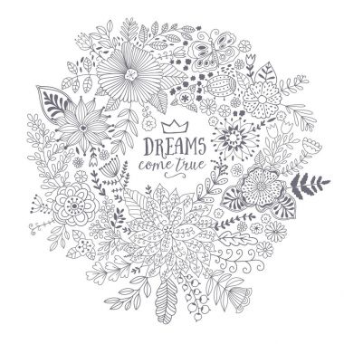 Vektör daire çerçeve, çelenk tasarım doodle çiçek yaptı..