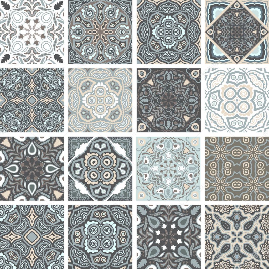 Traditional ornate portuguese decorative tiles azulejos. Abstract background. Vector hand drawn illustration, typical portuguese tiles, floral patchwork design. Moroccan or Mediterranean square tiles.
