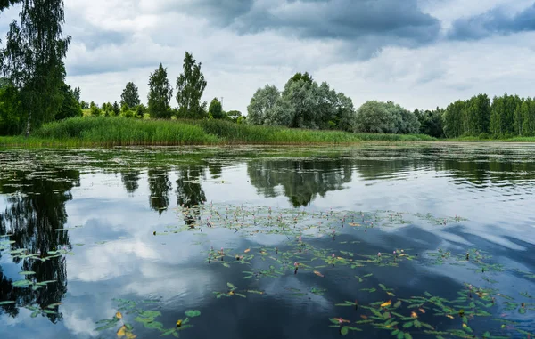 Riflessioni in un lago con cielo e alberi — Foto Stock