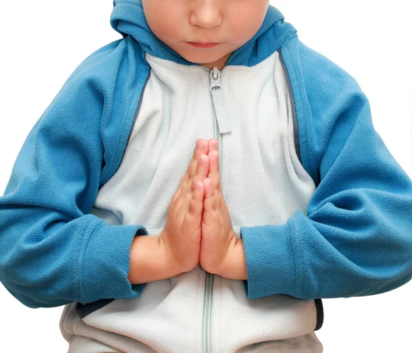 Маленький Хлопчик Молиться Білому Тлі — стокове фото
