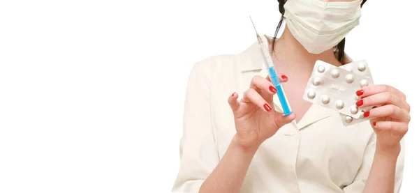 Doctor White Robe Mask Syringe — Stock Photo, Image