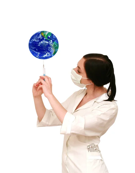 Doctor White Robe Mask Syringe — Stock Photo, Image