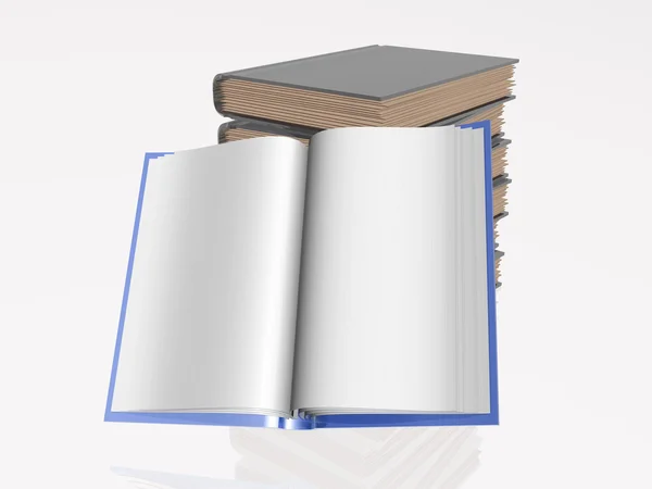 Blauw en grijs boeken, witte reflecterende achtergrond — Stockfoto