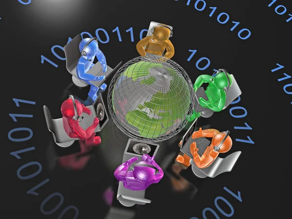 Nätverk - bärbara datorer, glober och mans på digital bakgrund — Stockfoto