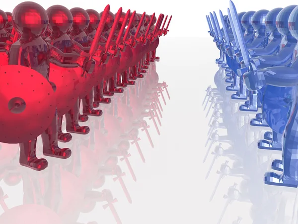 Red and blue soldiers with on white reflective background — Stock Photo, Image