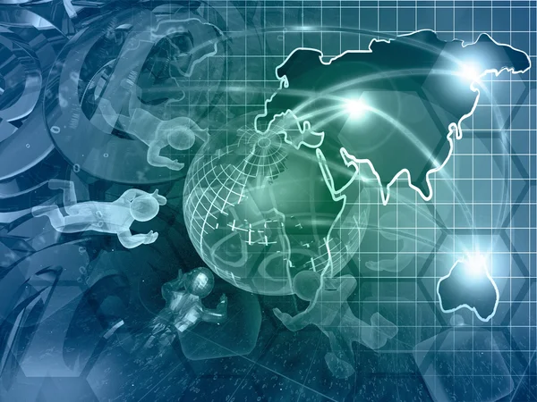 Computer background with mans, map and globe — Stock Photo, Image