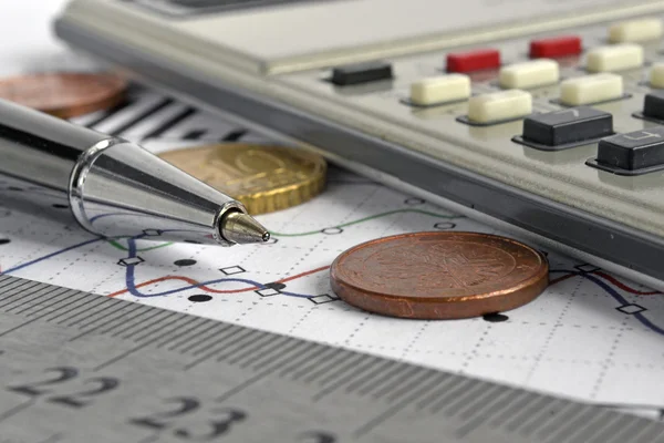 Financial background with money, calculator, ruler, graph and pen