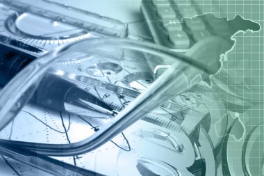 Harita, hesap makinesi, grafik ve kalem ile finansal arka plan