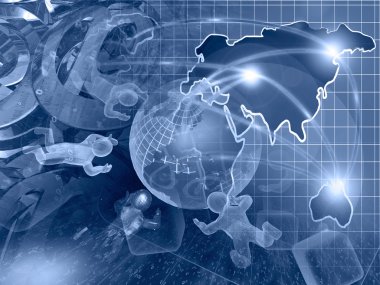 Bilgisayar arka planda küre ile blues mans ve harita