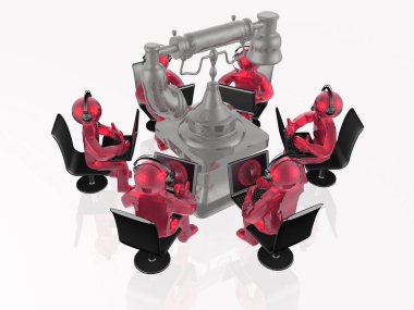 Adam beyaz arka plan üzerinde retro telefon ile