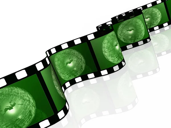 Film rollen met groene foto's (mededeling) op witte achtergrond — Stockfoto