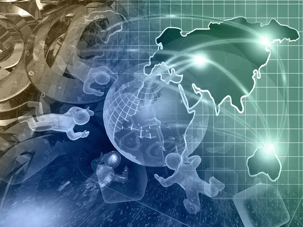 Computer background with globe, mans and map — Stock Photo, Image
