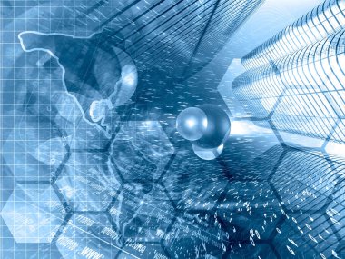 Binalar, molekül ve harita - soyut bilgisayar arka plan