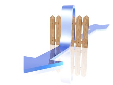 Mavi ok ve çit beyaz yansıtıcı arka planda