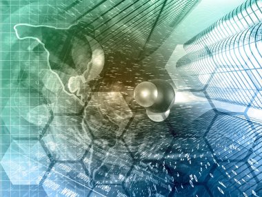 Binalar, molekül ve harita - soyut bilgisayar arka plan