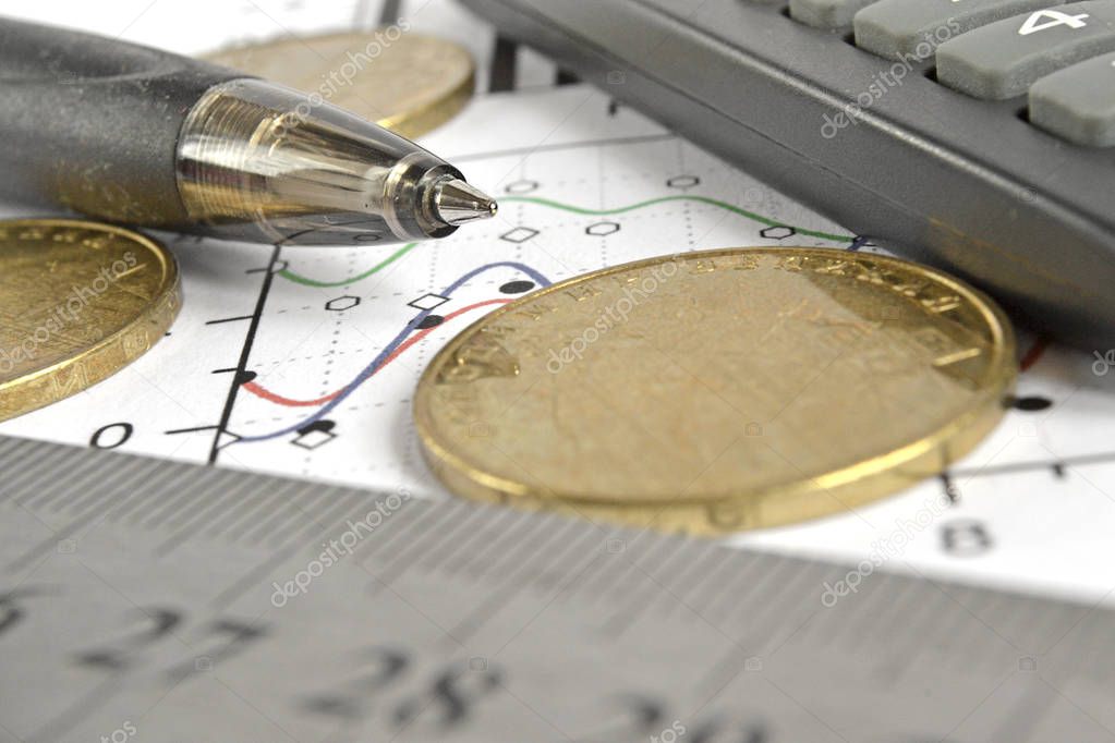 Financial background with money, calculator, ruler, graph and pen