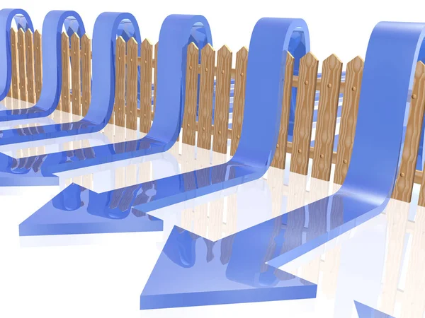 Blaue Pfeile und Zaun auf weißem reflektierenden Hintergrund — Stockfoto