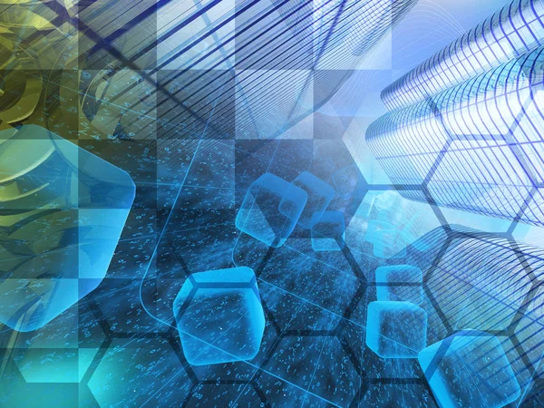 Binalar, küpler ve basamak - soyut bilgisayar arka plan