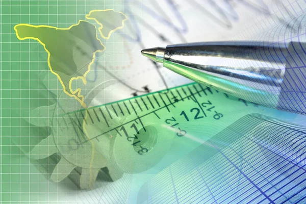 Fundo financeiro com mapa, gráfico, edifícios e caneta — Fotografia de Stock