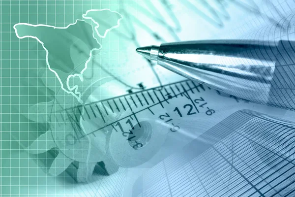 Financial background with map, graph, buildings and pen