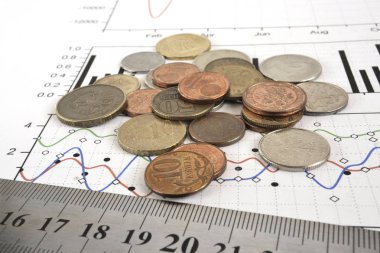 Farklı sikke, cetvel ve grafik ile finansal arka plan