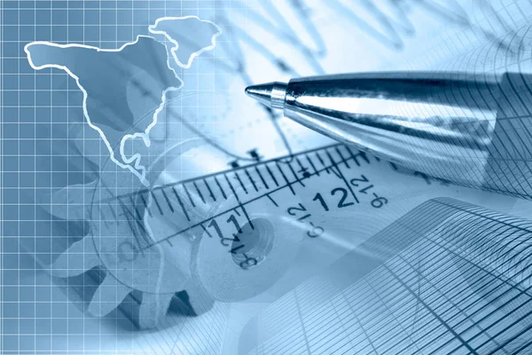 Finansiell bakgrund med karta, diagram, byggnader och penna — Stockfoto