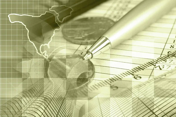 Financial background with money, map, table and pen