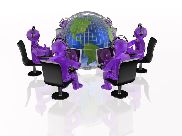 Communication - globe, violet mans and notebooks on white background — Stock Photo, Image