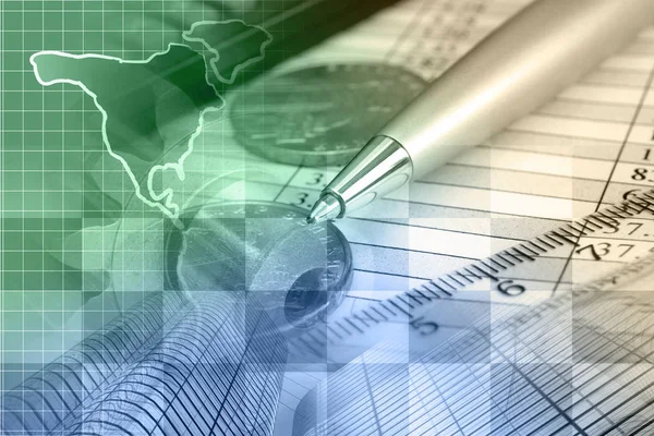 Financial background with money, map, table and pen