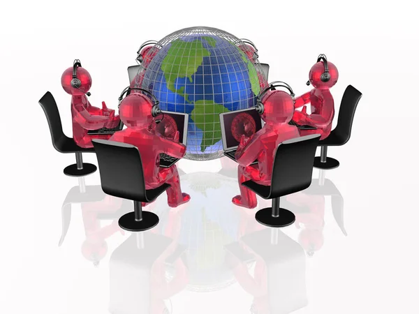 Communication - globe, red mans and notebooks on white background — Stock Photo, Image