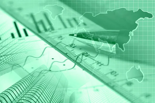 Finanzieller Hintergrund mit Karte, Lineal, Grafik und Stift — Stockfoto
