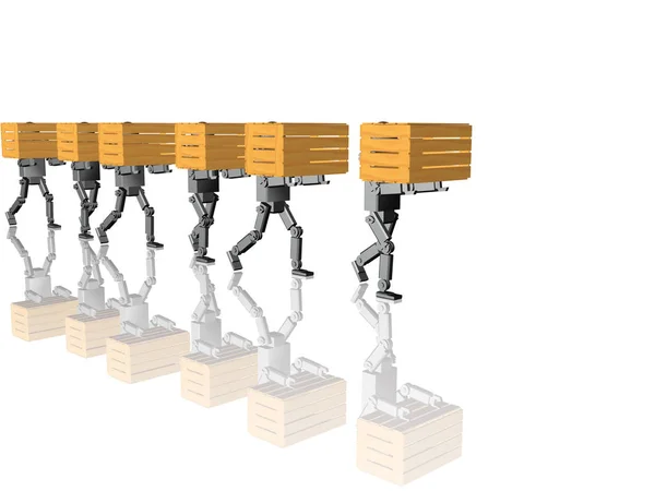 Graue Roboter mit gelben Gehäusen auf weißem reflektierenden Hintergrund — Stockfoto