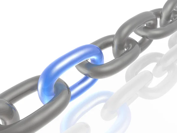 Szary łańcucha z niebieski link, białe tło — Zdjęcie stockowe