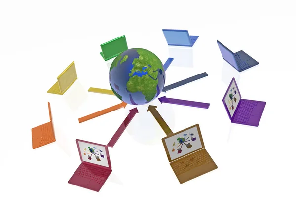 Nätverk - färg anteckningsböcker och globe på vit bakgrund — Stockfoto
