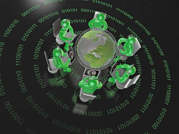 Communication - globe, green mans with notebooks on black background — Stock Photo, Image