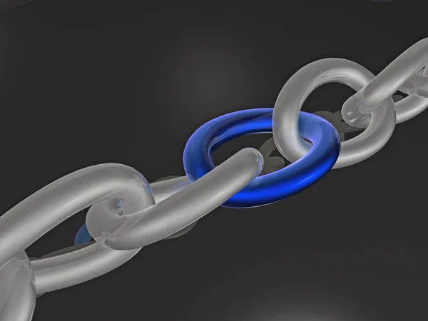 Grey chain with blue link, black background — Stock Photo, Image