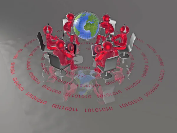 Comunicación - globo terráqueo, hombres rojos y portátiles sobre fondo digital — Foto de Stock