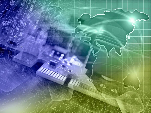 Fondo del ordenador con dispositivo electrónico, mapa y dígitos —  Fotos de Stock