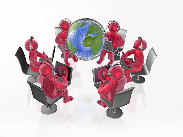Communicatie - globe, rode mans en notebooks op witte achtergrond — Stockfoto