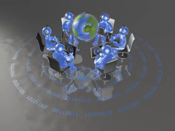 Comunicação globo, homem azul e cadernos em fundo digital , — Fotografia de Stock