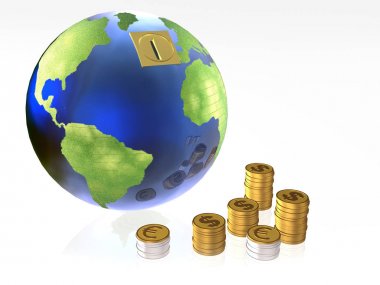 Beyaz arka plan üzerinde para kutu olarak dünya Küre