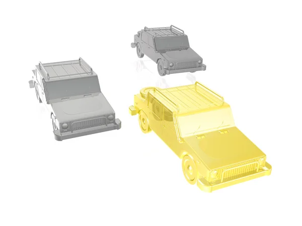 Gelbe und graue Autos auf weißem reflektierenden Hintergrund — Stockfoto