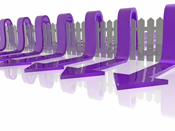紫の矢印と白い反射背景のフェンス — ストック写真