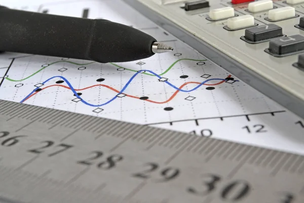 Fundo de negócios com gráfico, caneta e calculadora — Fotografia de Stock