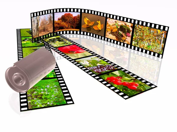 Rouleau de film avec des images en couleur (nature) sur fond blanc — Photo