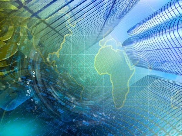 コンピューターの背景に建物、地図、数字 — ストック写真