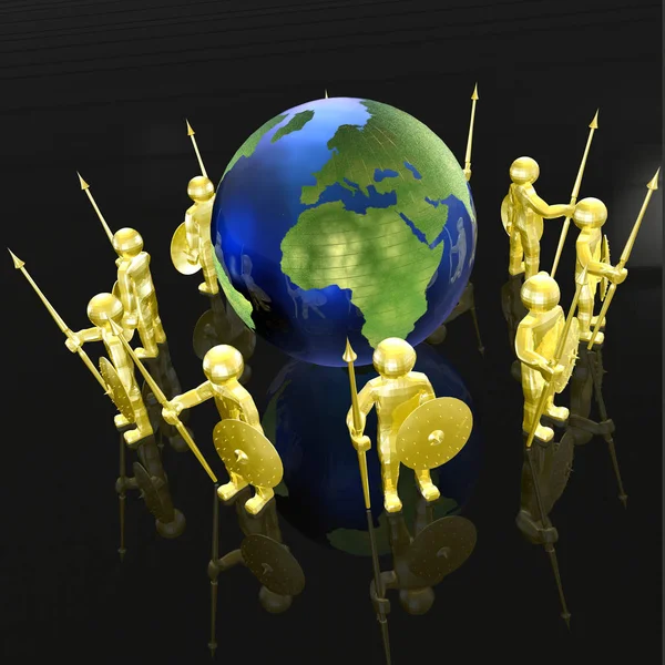 Yellow armed mans with globe on black background — Stock Photo, Image