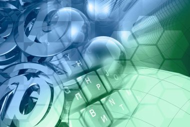 Bilgisayar arka plan - posta işaretleri, toplar, klavye ve Binalar